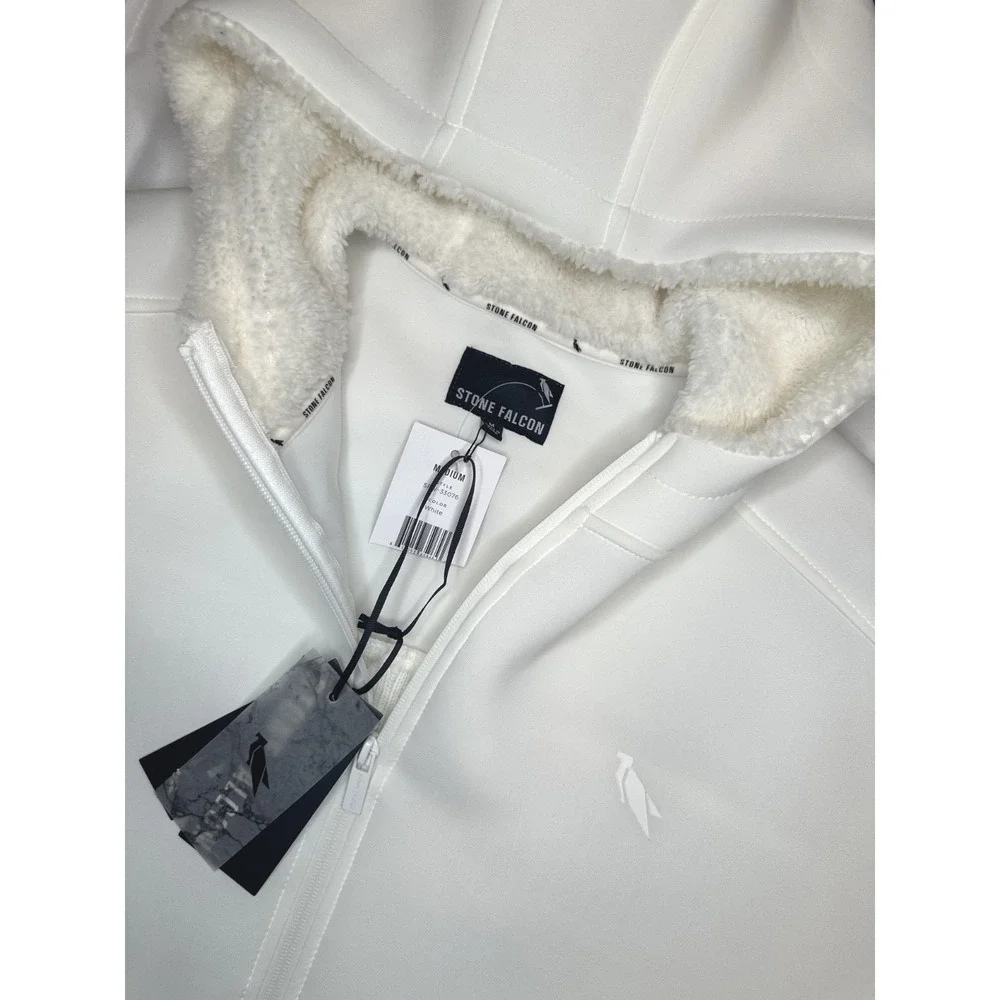 NEW Stone Falcon Jacket Coat Med Full Zip Faux Fur Lined Hood Mid-Length White‎